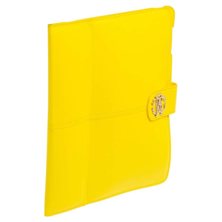 Pre Owned Roberto Cavalli Yellow Leather Logo Buckle Detail Tablet Case