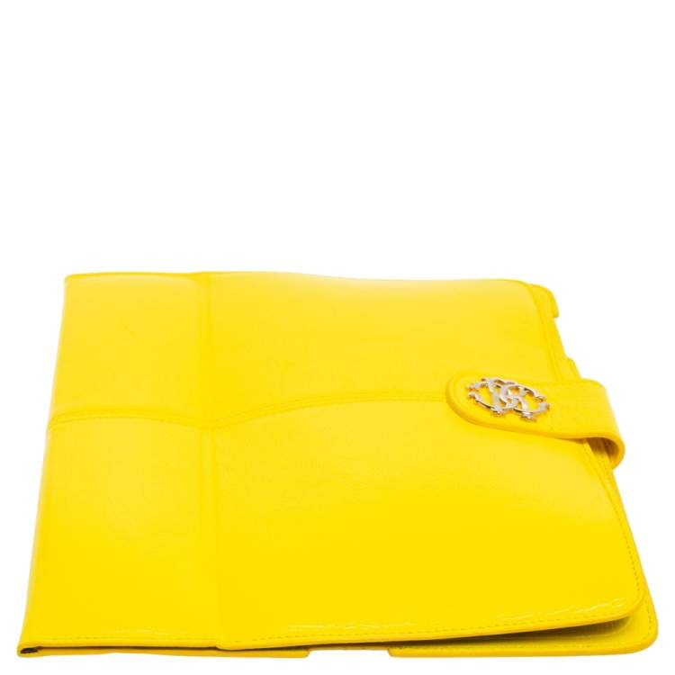 Pre Owned Roberto Cavalli Yellow Leather Logo Buckle Detail Tablet Case