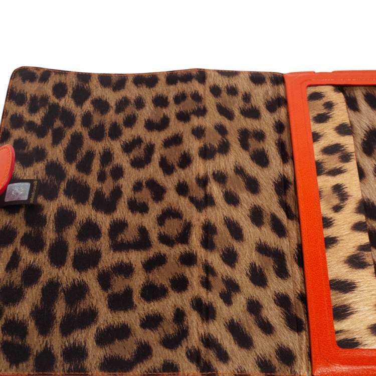 Pre Owned Roberto Cavalli Orange Leather Logo Buckle Detail Tablet Case