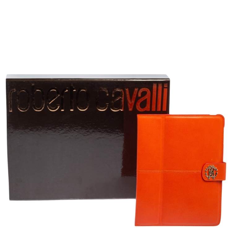 Pre Owned Roberto Cavalli Orange Leather Logo Buckle Detail Tablet Case