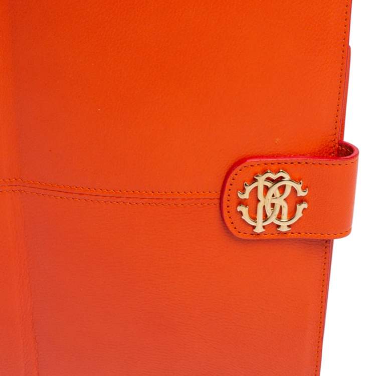 Pre Owned Roberto Cavalli Orange Leather Logo Buckle Detail Tablet Case