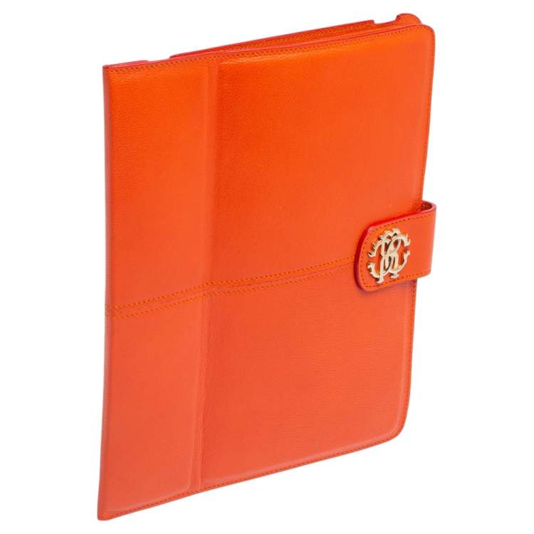 Pre Owned Roberto Cavalli Orange Leather Logo Buckle Detail Tablet Case