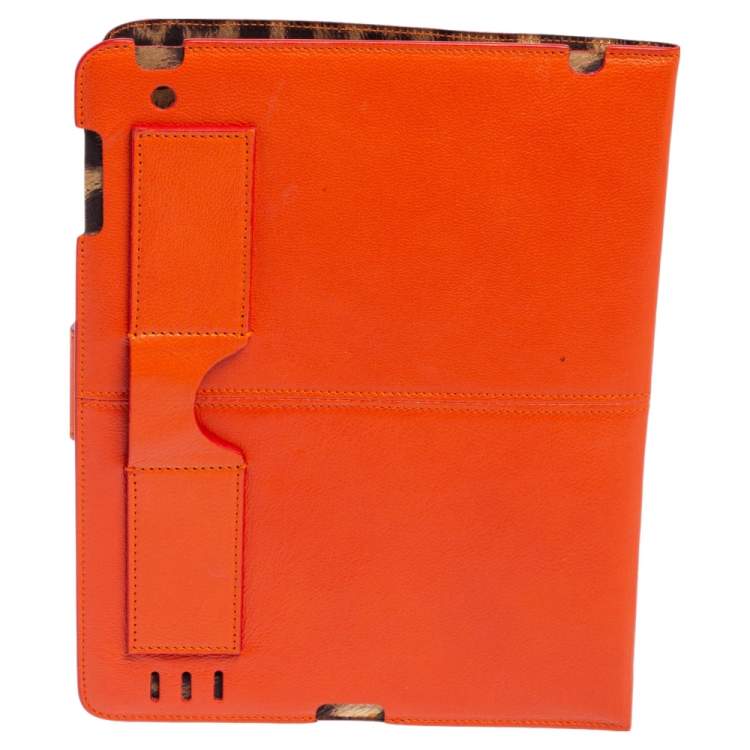 Pre Owned Roberto Cavalli Orange Leather Logo Buckle Detail Tablet Case