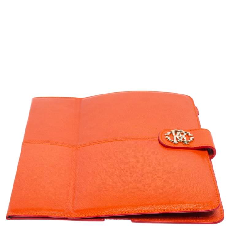 Pre Owned Roberto Cavalli Orange Leather Logo Buckle Detail Tablet Case