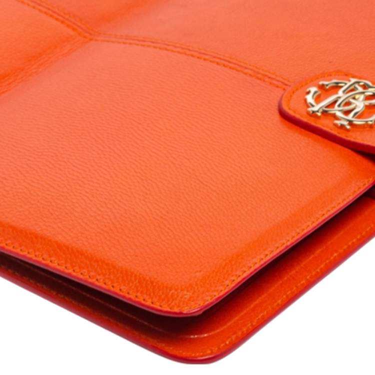 Pre Owned Roberto Cavalli Orange Leather Logo Buckle Detail Tablet Case