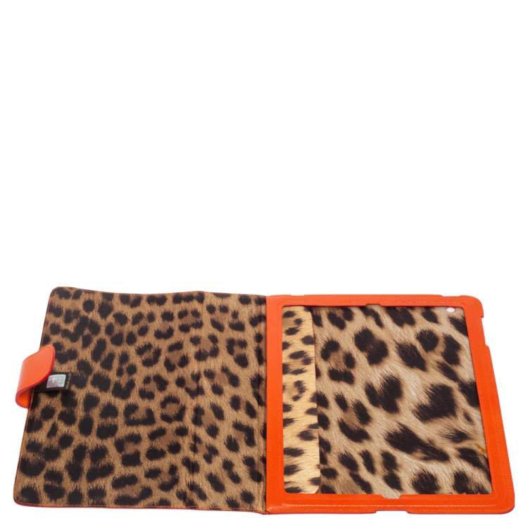 Pre Owned Roberto Cavalli Orange Leather Logo Buckle Detail Tablet Case