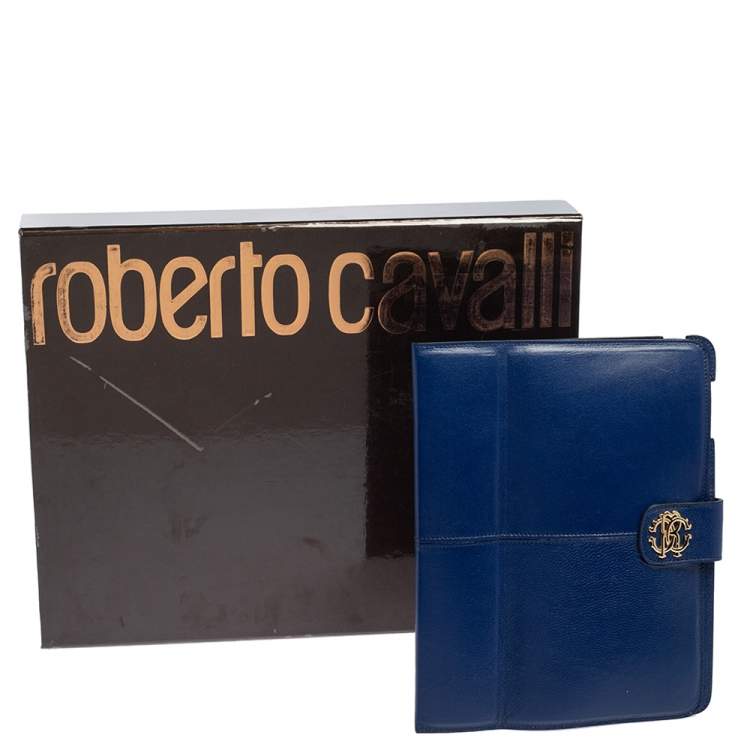 Pre Owned Roberto Cavalli Blue Leather Logo Buckle Detail Tablet Case