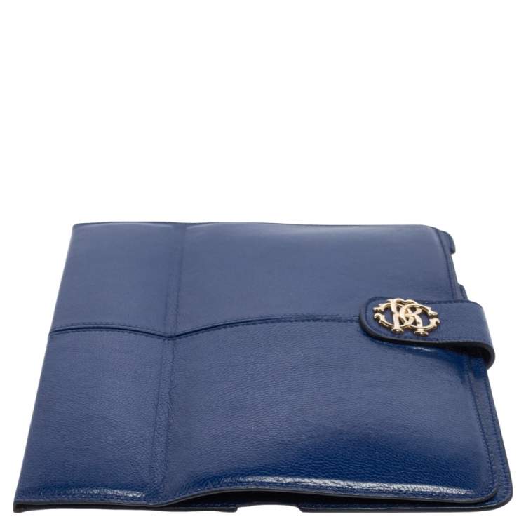 Pre Owned Roberto Cavalli Blue Leather Logo Buckle Detail Tablet Case