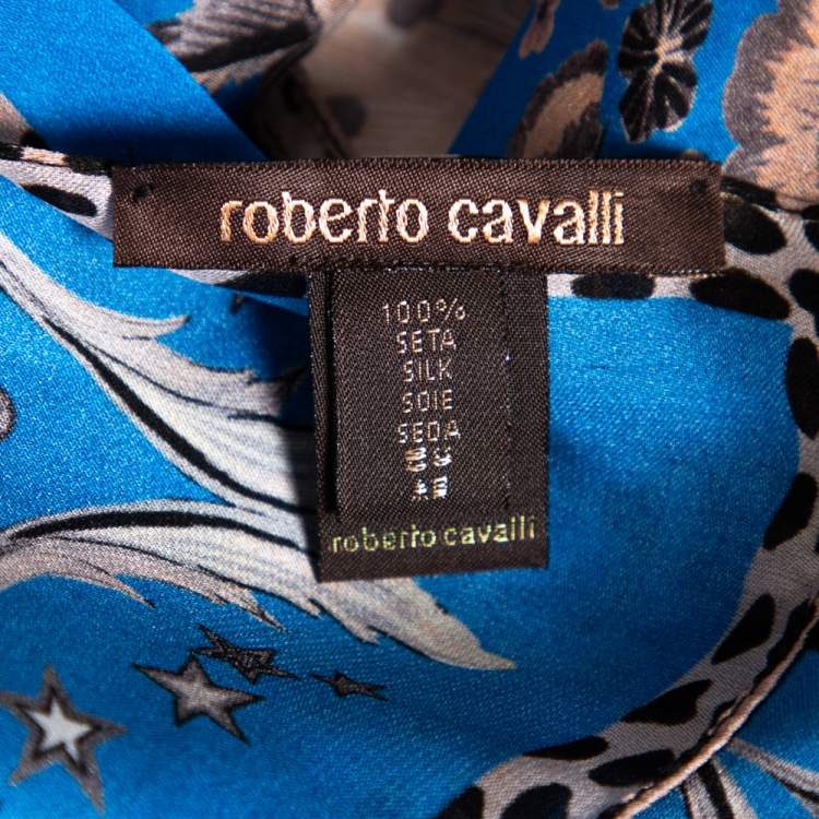 Pre Owned Roberto Cavalli Blue Floral Logo Print Silk Scarf