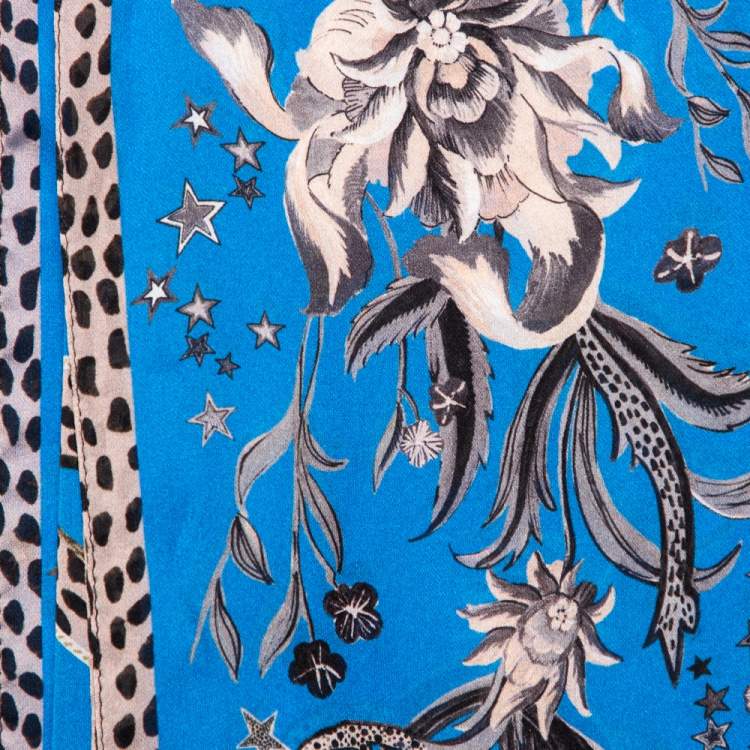 Pre Owned Roberto Cavalli Blue Floral Logo Print Silk Scarf