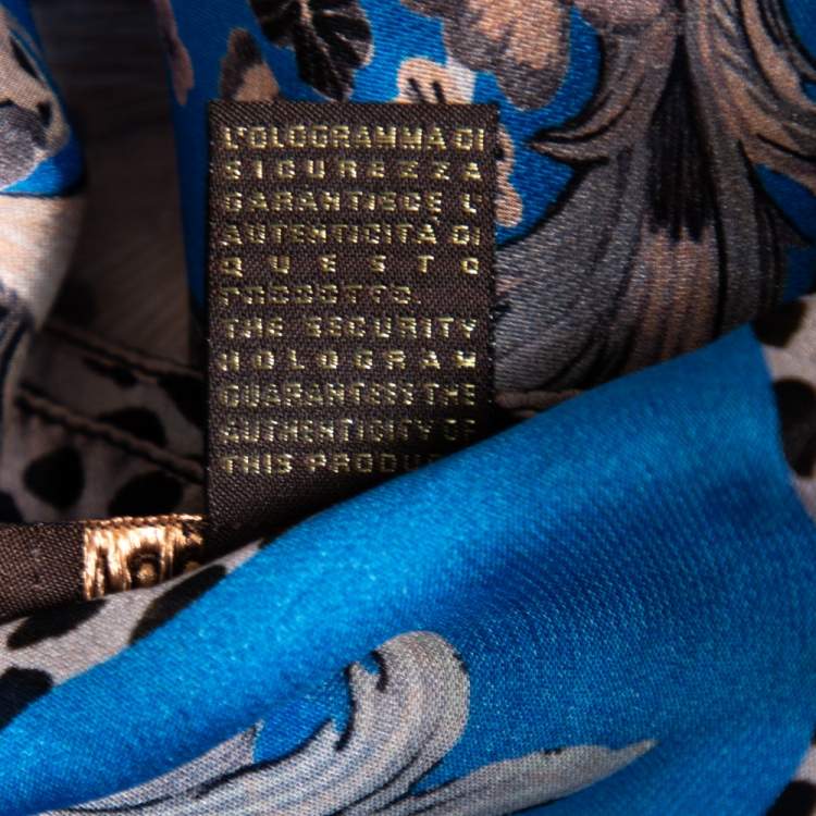 Pre Owned Roberto Cavalli Blue Floral Logo Print Silk Scarf
