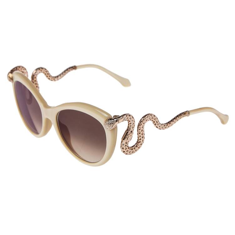 Pre Owned Roberto Cavalli Cream Crystal Embellished/ Brown Gradient Menkab Cat Eye Sunglasses