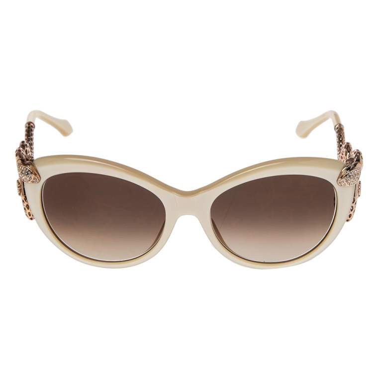 Pre Owned Roberto Cavalli Cream Crystal Embellished/ Brown Gradient Menkab Cat Eye Sunglasses