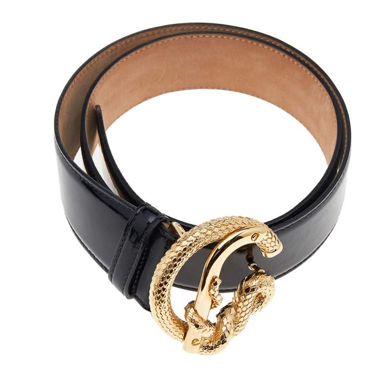 Pre Owned Roberto Cavalli Black Patent Leather Snake Buckle Belt 80CM