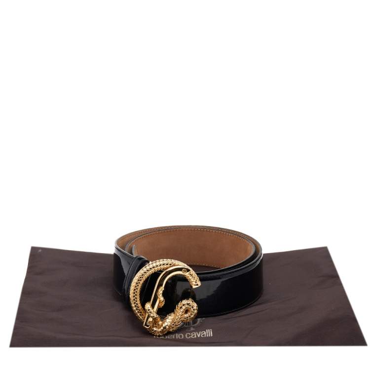 Pre Owned Roberto Cavalli Black Patent Leather Snake Buckle Belt 80CM
