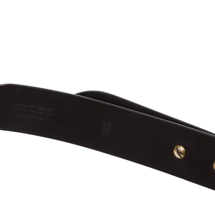 Pre Owned Roberto Cavalli Dark Brown Leather Metal Belt Size 80CM