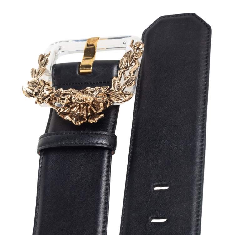 Pre Owned Roberto Cavalli Black Leather Floral Embellished Buckle Belt 85 CM