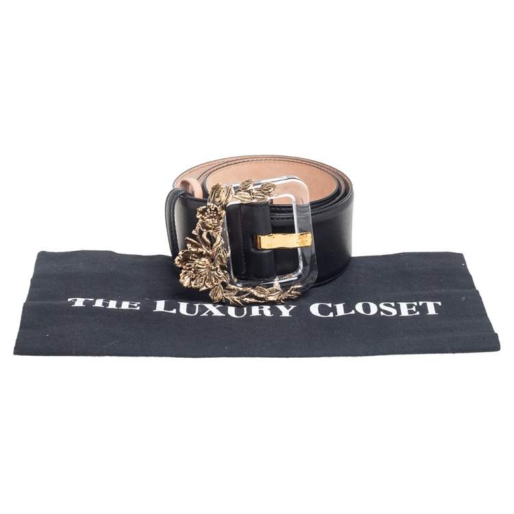 Pre Owned Roberto Cavalli Black Leather Floral Embellished Buckle Belt 85 CM