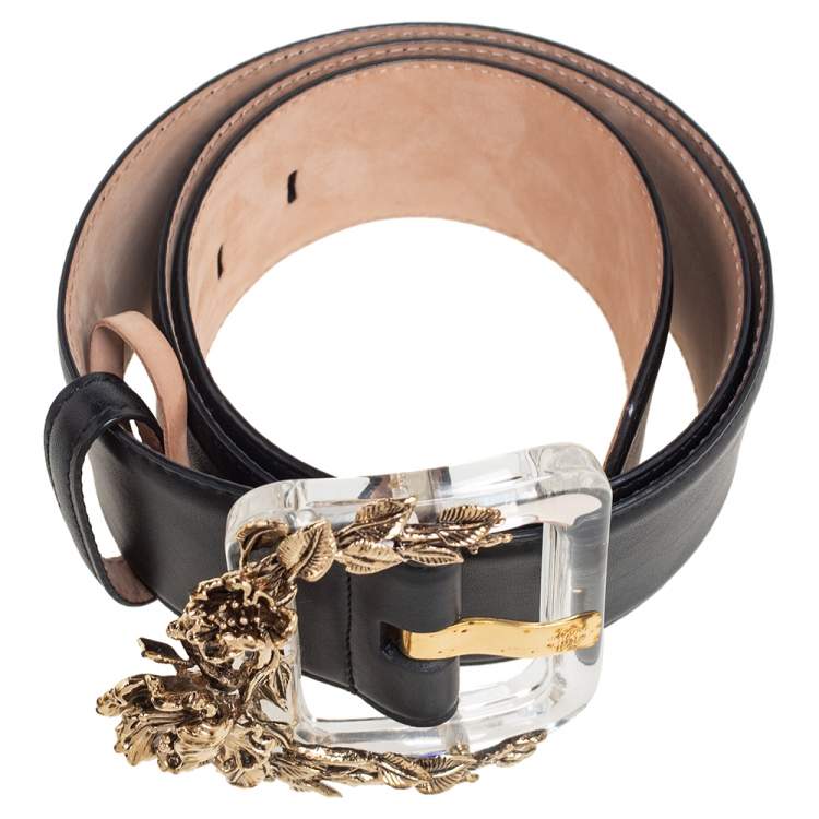 Pre Owned Roberto Cavalli Black Leather Floral Embellished Buckle Belt 85 CM