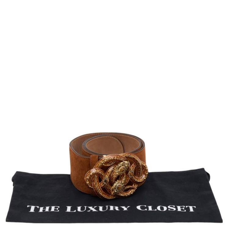 Pre Owned Roberto Cavalli Brown Suede Serpent Buckle Belt 85 CM