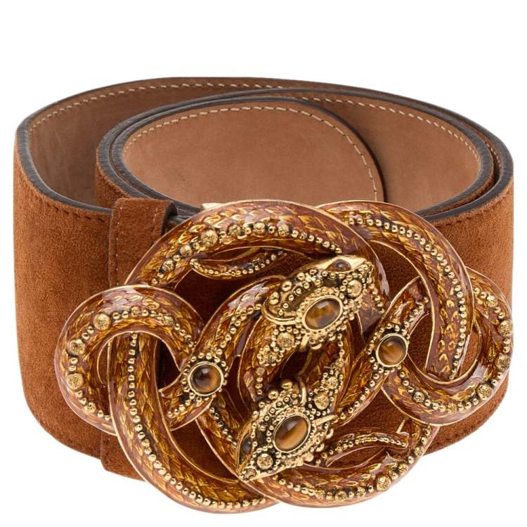 Pre Owned Roberto Cavalli Brown Suede Serpent Buckle Belt 85 CM