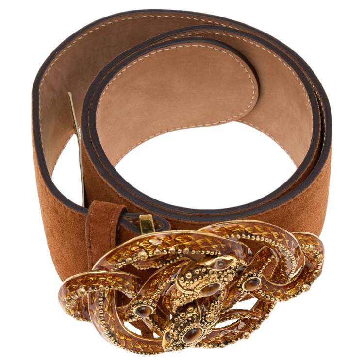 Pre Owned Roberto Cavalli Brown Suede Serpent Buckle Belt 85 CM