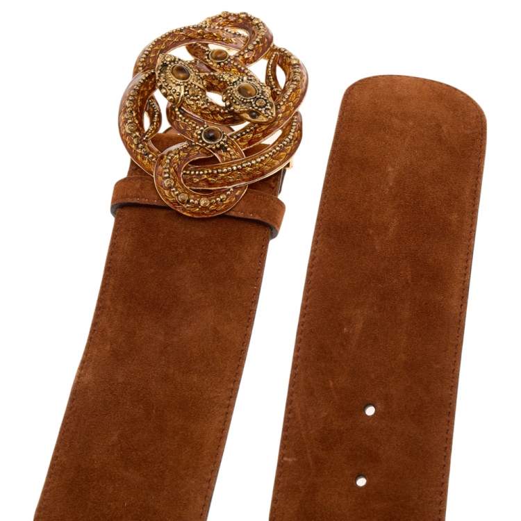 Pre Owned Roberto Cavalli Brown Suede Serpent Buckle Belt 85 CM