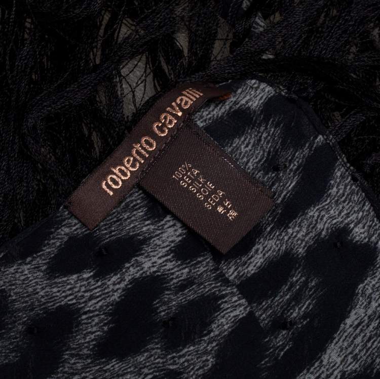 Pre Owned Roberto Cavalli Black Leopard Print Silk Fringed Scarf