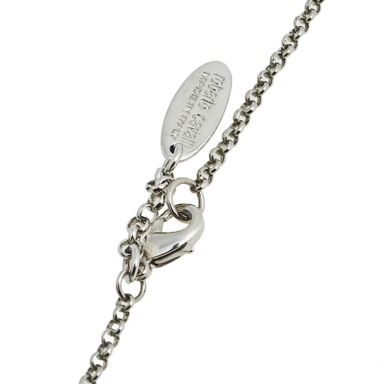 Pre Owned Roberto Cavalli Silver Tone Crystal Logo Pendant Necklace