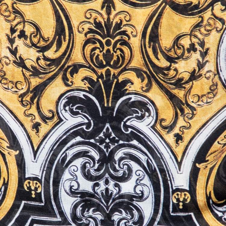 Pre Owned Roberto Cavalli Black & Gold Baroque Print Silk Scarf 