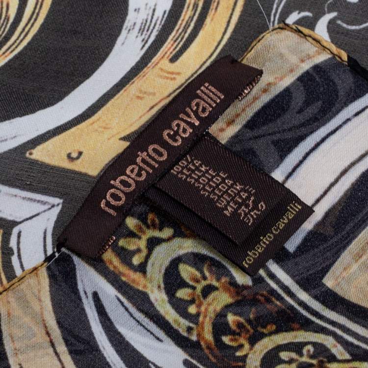 Pre Owned Roberto Cavalli Black & Gold Baroque Print Silk Scarf 
