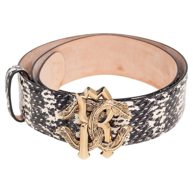 Pre Owned Roberto Cavalli Black/White Watersnake RC Logo Buckle Belt 85CM