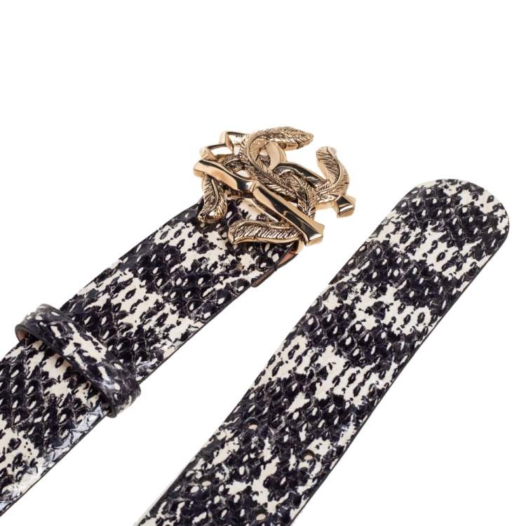 Pre Owned Roberto Cavalli Black/White Watersnake RC Logo Buckle Belt 85CM