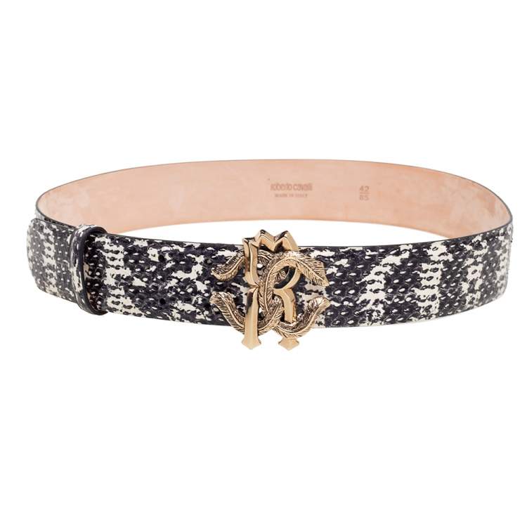 Pre Owned Roberto Cavalli Black/White Watersnake RC Logo Buckle Belt 85CM