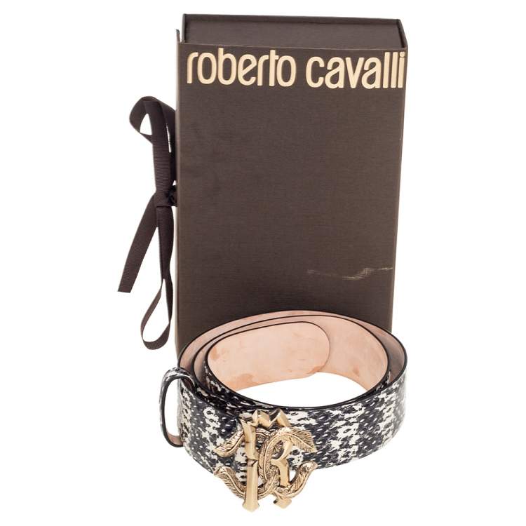 Pre Owned Roberto Cavalli Black/White Watersnake RC Logo Buckle Belt 85CM