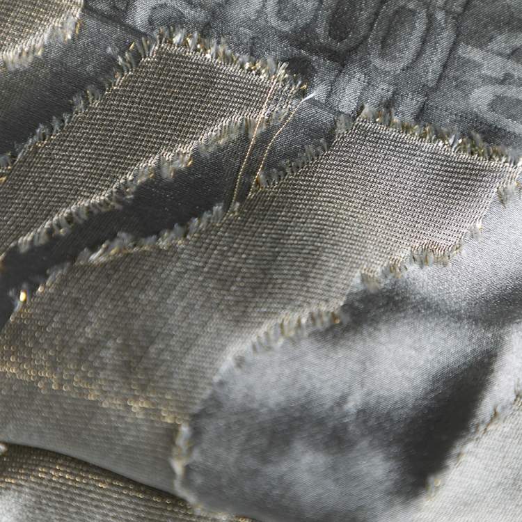 Pre Owned Roberto Cavalli Grey Lurex Zebra Striped Logo Monogram Silk Scarf