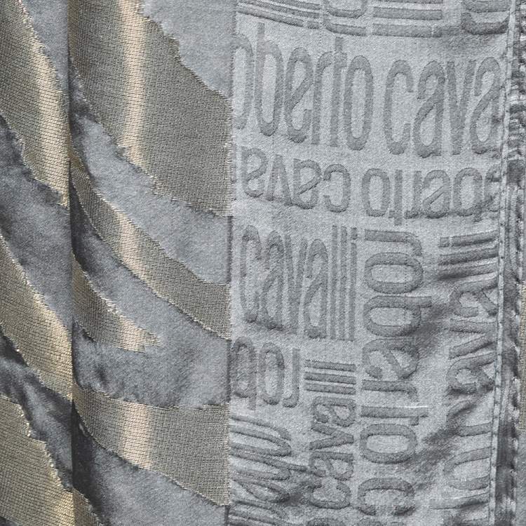 Pre Owned Roberto Cavalli Grey Lurex Zebra Striped Logo Monogram Silk Scarf