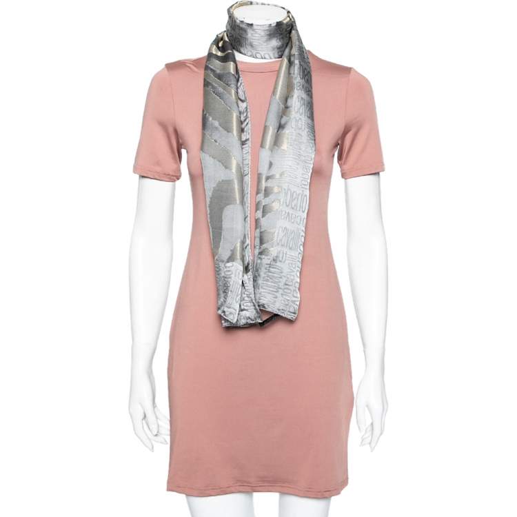 Pre Owned Roberto Cavalli Grey Lurex Zebra Striped Logo Monogram Silk Scarf