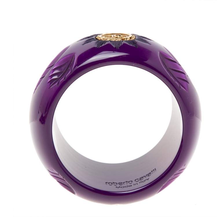Pre Owned Roberto Cavalli Purple Floral Engraved Bangle Bracelet
