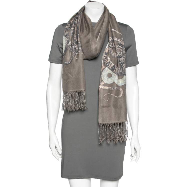 Pre Owned Roberto Cavalli Grey Snake Foil Print Cashmere Silk Scarf