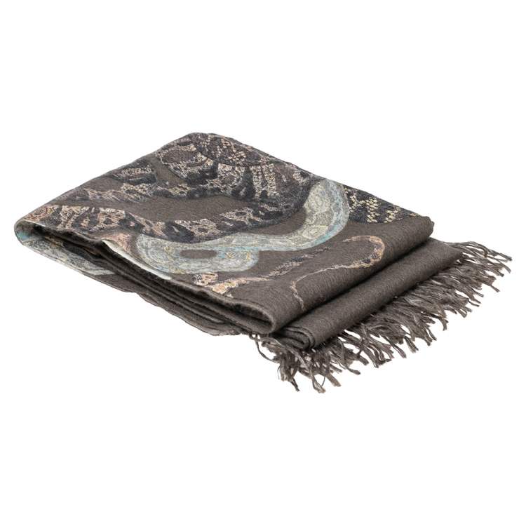 Pre Owned Roberto Cavalli Grey Snake Foil Print Cashmere Silk Scarf
