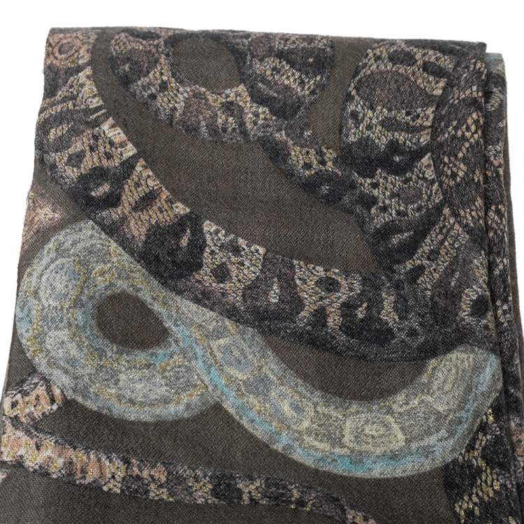 Pre Owned Roberto Cavalli Grey Snake Foil Print Cashmere Silk Scarf