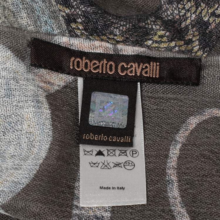 Pre Owned Roberto Cavalli Grey Snake Foil Print Cashmere Silk Scarf