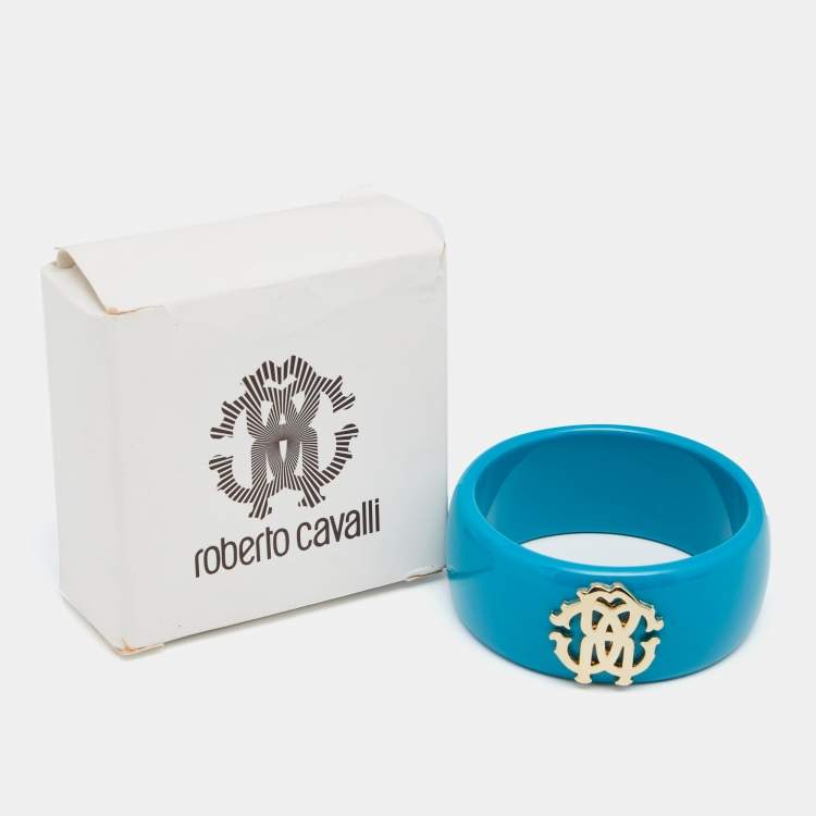 Pre Owned Roberto Cavalli Teal Blue Logo Wide Bangle Bracelet