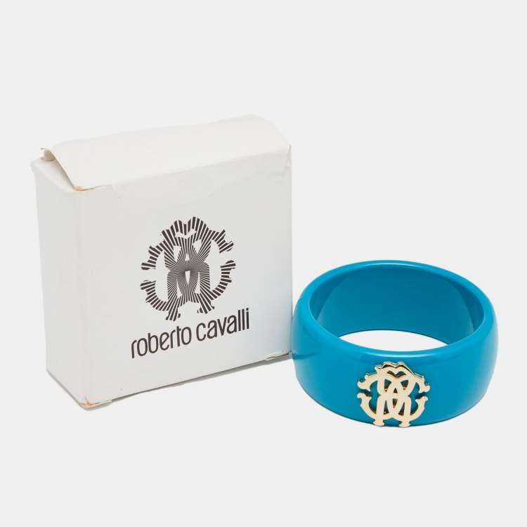 Pre Owned Roberto Cavalli Teal Blue Logo Wide Bangle Bracelet