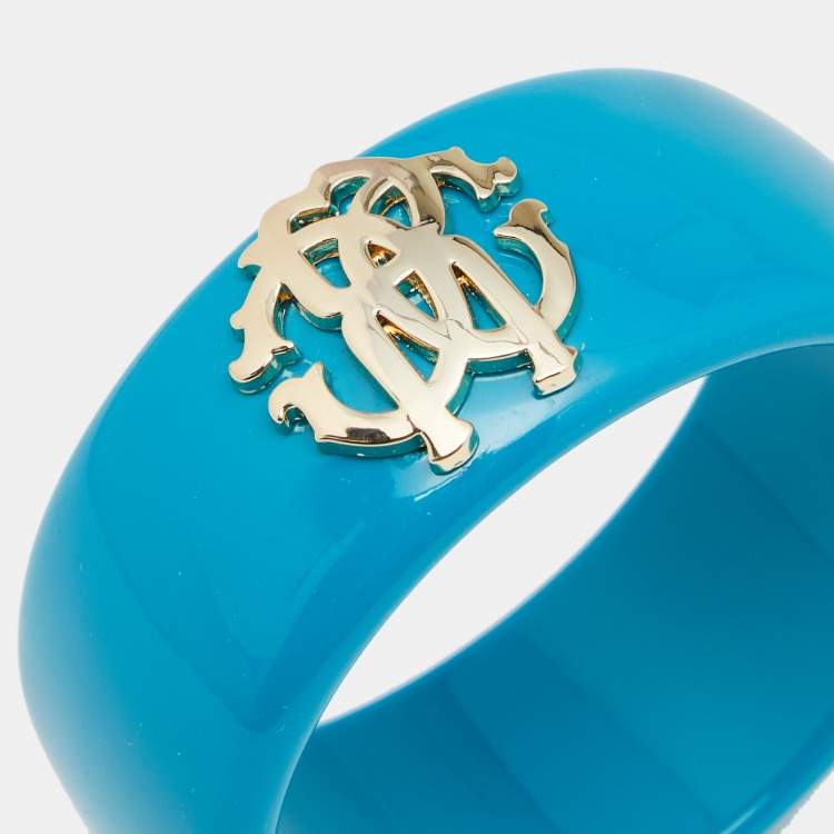 Pre Owned Roberto Cavalli Teal Blue Logo Wide Bangle Bracelet