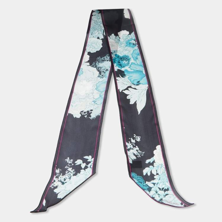 Pre Owned Roberto Cavalli Black/ Blue Floral Print Silk Bandeau