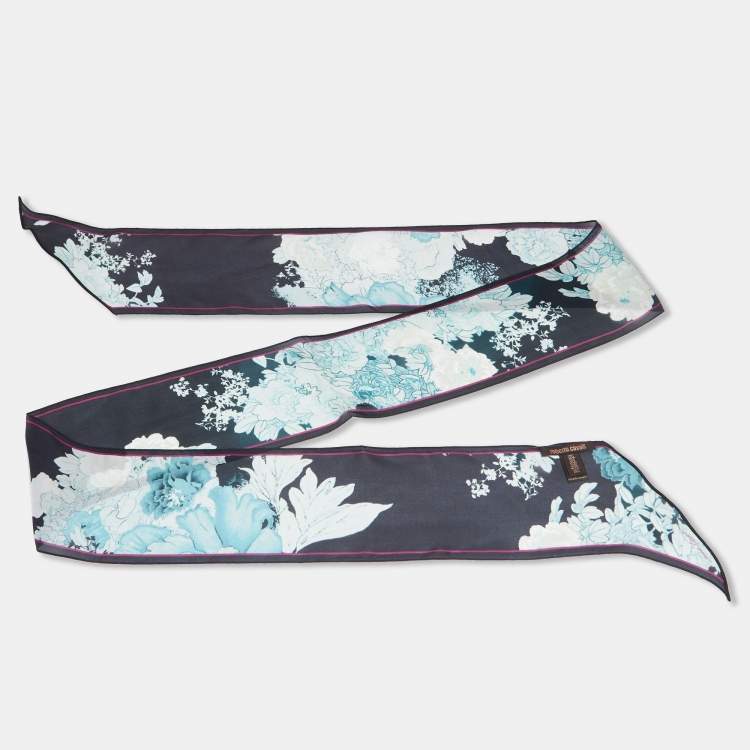 Pre Owned Roberto Cavalli Black/ Blue Floral Print Silk Bandeau