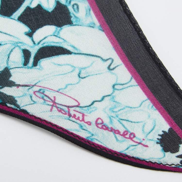 Pre Owned Roberto Cavalli Black/ Blue Floral Print Silk Bandeau