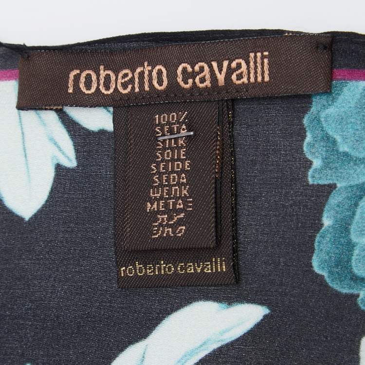 Pre Owned Roberto Cavalli Black/ Blue Floral Print Silk Bandeau
